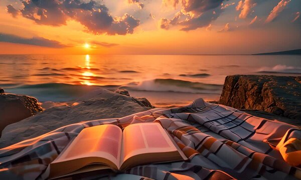 Open book on a blanket by the sea at sunset. The concept of relaxation and reading in nature.