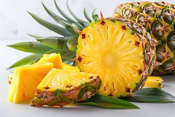 Whole pineapple and pineapple slice. Pineapple with leaves isolate on white