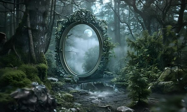 Mystical mirror in the forest reflecting the moon. The concept of fantasy and magic.