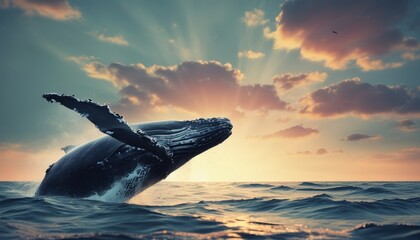  a humpback whale jumping out of the water in front of a cloudy sky with a bird flying over it. - obrazy, fototapety, plakaty