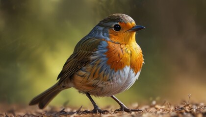  a close up of a bird on a ground with leaves in the foreground and a tree in the background.