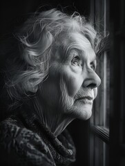 A portrait of a curious old woman looking out of the window.