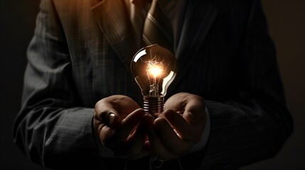 A businessman holding a lightbulb with his hands, representing new ideas and innovation.