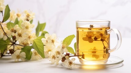Obraz na płótnie Canvas Herbal tea with flower buds next to it on a light background, close-up. The concept of medicinal drinks, alternative medicine.