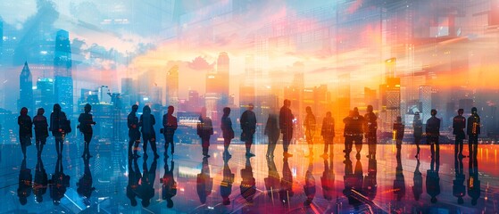 Panoramic view of the silhouettes of businesspeople joining together, representing teamwork and cooperation, skyscraper background