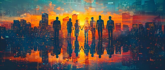 Panoramic view of the silhouettes of businesspeople joining together, representing teamwork and cooperation,  modern city background