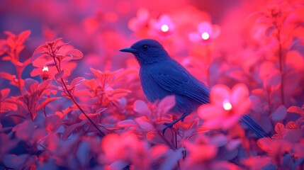 Fototapeta premium a blue bird sitting on top of a bush filled with purple and red flowers on a pink and red background.