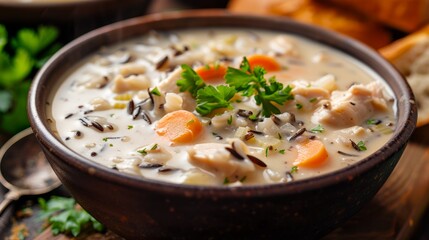 A comforting bowl of chicken and wild rice soup with carrots and parsley