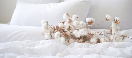A snowy white bed with cotton flowers, soft pillows, and sheets made of natural materials. It looks like a cozy event in a winter woodland, with snowcovered trees and twigs decorating the ceiling