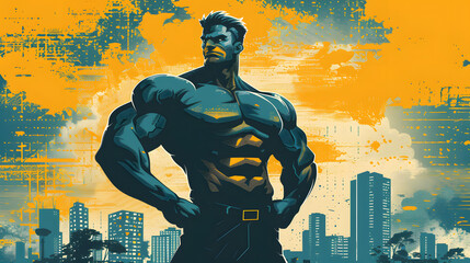 Urban Titan: A Heroic Figure Standing Tall Against a Dynamic Cityscape Background - obrazy, fototapety, plakaty
