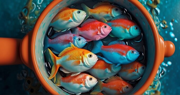 Illustrate a close-up image of cute little fishes swimming together in the pot. Capture the ultra-realistic details of their expressive eyes, vibrant colors, and the way they interact -AI Generative
