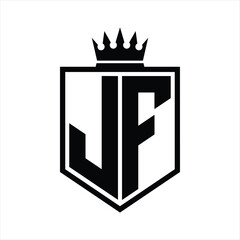 JF Logo monogram bold shield geometric shape with crown outline black and white style design