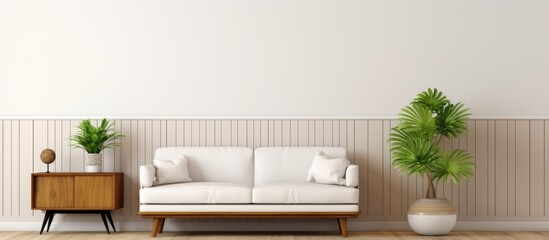 A modern living room with a white sofa, wooden cabinet, and vibrant potted plants, showcasing a blend of sleek furniture and natural elements in the interior design