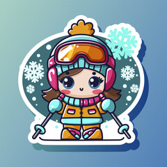 Cute cartoon designed sticker with skiing girl in warm sport equipment. Snowy winter season. Children outdoor activity. Happy child leisure. Isolated on blue background. Vector illustration