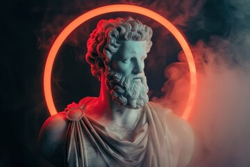 Obraz premium Surreal 3D illustration of a marble ancient Greek statue of a King with a beard. Contemporary art in digital format