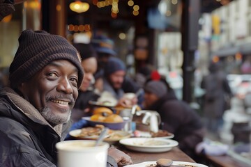 Smiling Homeless Man Enjoying Free Lunch at Soup Kitchen - obrazy, fototapety, plakaty