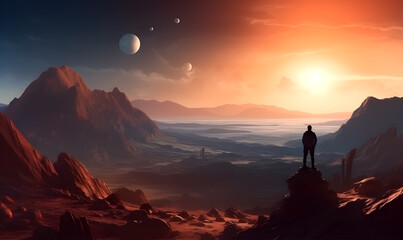 Fototapeta premium A man stands on a rock on an unknown planet. Space landscape illustration. Sunrise in space.