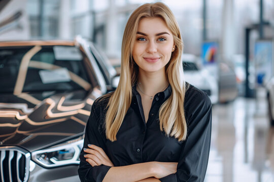 Friendly and professional woman in luxury car showroom, personifying the elegant and successful image of the automotive industry