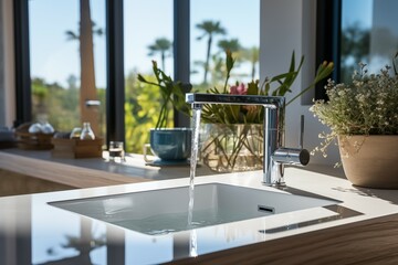 modern faucet in white kitchen sink with water running - Powered by Adobe