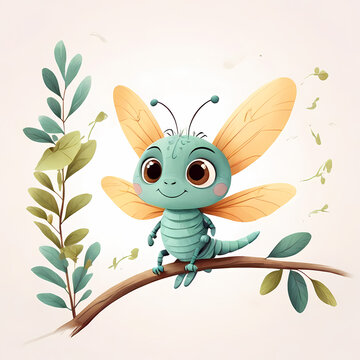 Cute cartoon dragonfly sitting on a branch kids story book illustration