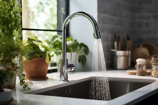 modern faucet in white kitchen sink with water running