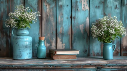 a couple of blue vases sitting on top of a table next to a book and a vase filled with flowers.
