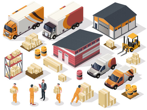 Collection of warehouse cargo equipment, cargo business delivery, container storage, set of forklift, worker, box parcel, truck, pallet. Isolated on white background. Isometric vector illustration