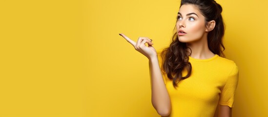 A woman with black hair, wearing a yellow shirt, is happily pointing up with her finger, showing off her bright yellow sleeve and eyelash. Her arm, thumb, and thigh are all in the gesture