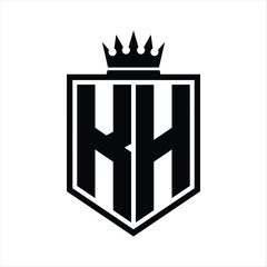 KH Logo monogram bold shield geometric shape with crown outline black and white style design