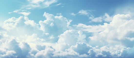A picturesque natural landscape with electric blue sky and fluffy white cumulus clouds, creating a serene horizon. The wind gently moves the clouds as if they were wings in the sky