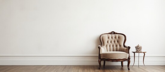 A timeless chair in a classic style is positioned in front of a plain white wall. The room exudes a vintage ambiance with its minimalist decor.