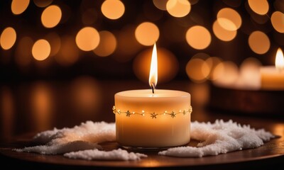 Glowing candle and festive lights illuminate winter night 