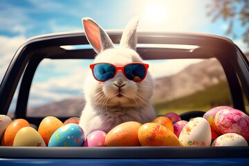 Cute Easter Bunny with sunglasses looking out of a car filed with easter eggs - obrazy, fototapety, plakaty