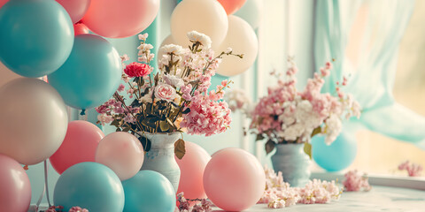 Bright room decorated with balloons and flowers. Natural warm light. Holiday banner background. Copy space. AI generated - 754990531