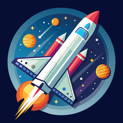 Art & IllustrationA colorful cartoon depicting space shuttle exploration on a moon trip route. Illustration of a space shuttle and vibrant picture 