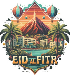 Hawaii street Palms photorealistic masterpiece moonset tshirt graphic design of an Eid al Fitr