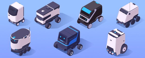 Set of cute realistic designed delivery robots. Collection of various types of modern vehicle objects helping in transportation in contemporary life. Isolated on blue background. Vector illustration