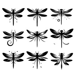 set of black and white dragonfly - obrazy, fototapety, plakaty