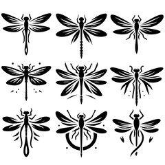 set of black and white dragonfly