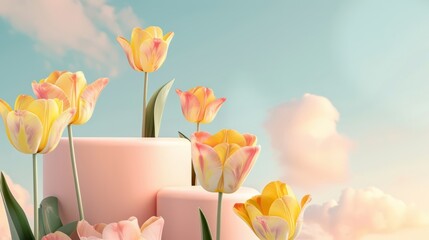 circular pedestal surrounded by yellow tulips