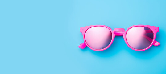 Pink sunglasses retro style concept blue background top view flat lay romantic design cute banner copy space