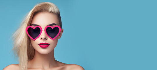 Young woman with blonde hair wearing big heart shaped pink sunglasses portrait, retro style concept make up, banner, copy space - obrazy, fototapety, plakaty