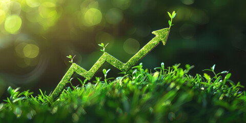 Fototapeta premium Nature's Growth Chart. An arrow up composed of moss, green grass and plants symbolizes growth and upward trajectory, copy space.