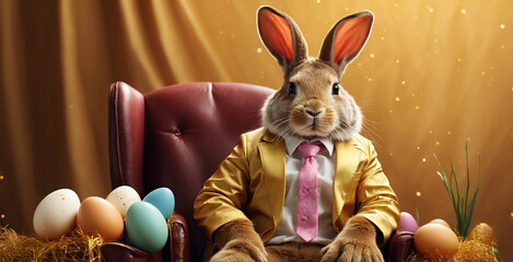 bunny character sitting on a chair like a boss, dressed in a suit, , easter day, eggs around it, on a gold background