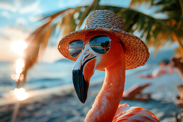 Funny flamingo wearing sunglasses and straw hat with sea and palm trees in background against sunlight. Summer beach concept card.