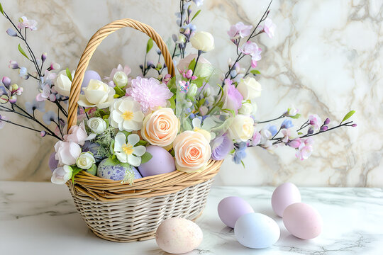 Easter basket with colourful eggs. Festive handmade decorative design for good luck.