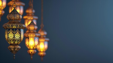 Obraz premium A collection of hanging Islamic lanterns, intricately designed, emitting a warm, ambient glow that beautifully contrasts with the dark background.