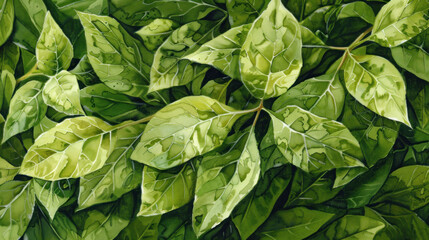 a painting of a green leafy plant with lots of green leaves on the top and bottom of the leaves.