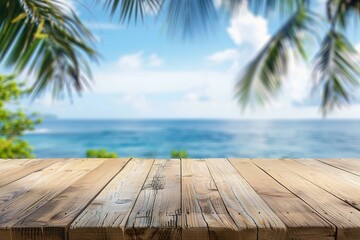 Empty wooden table on blurred tropical sea, for product presentation