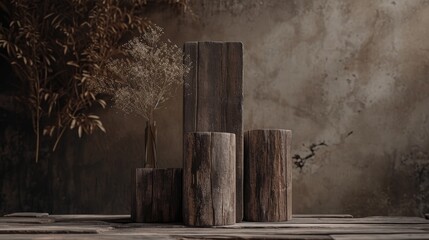 Brown empty rustic wooden blocks set on a wood table with flowers in a vase and a brown concrete wall. 3D product mockups